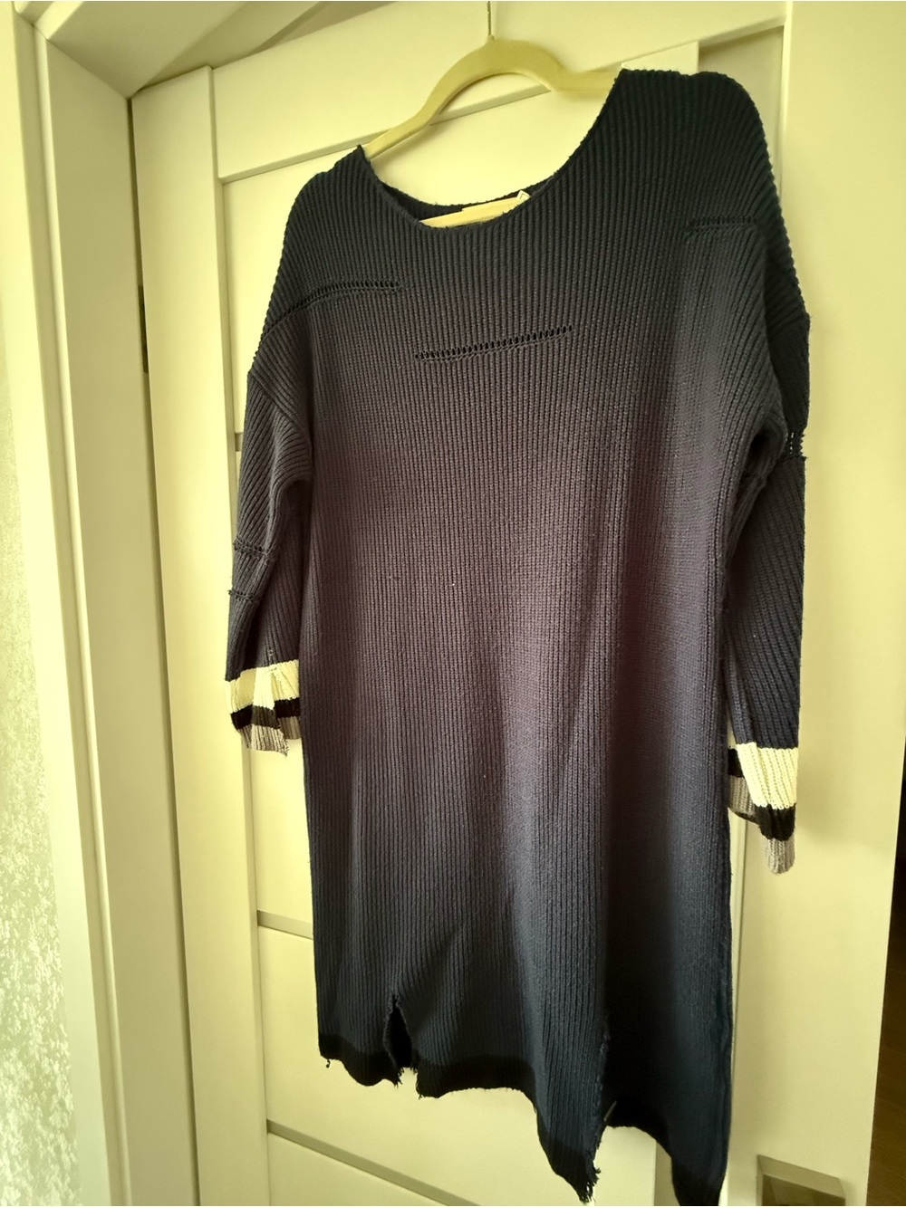 Women's Crewneck Knit Dress in Navy with Contrast Cuffs - Picture 2 of 3